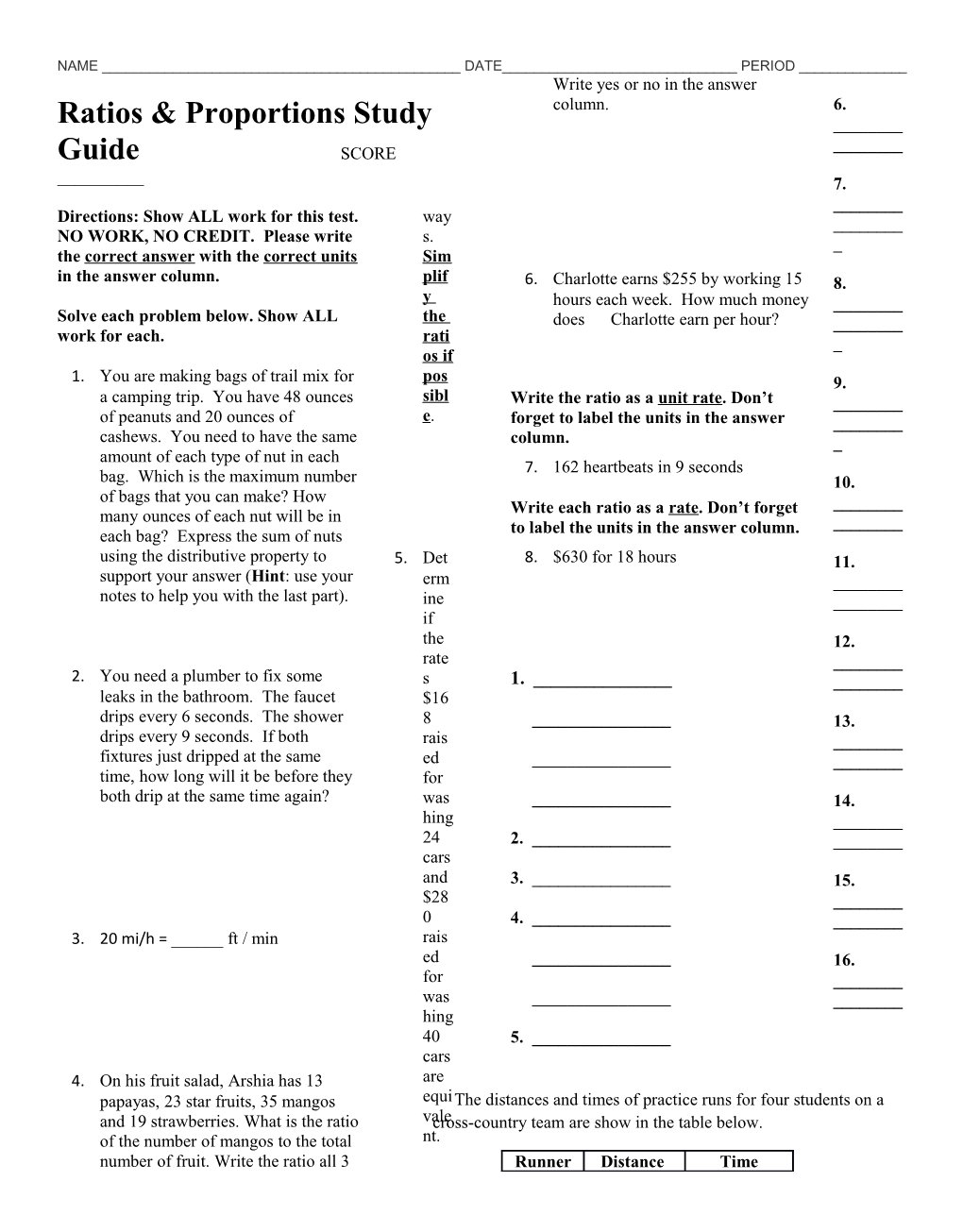 Ratios & Proportions Study Guide SCORE ______