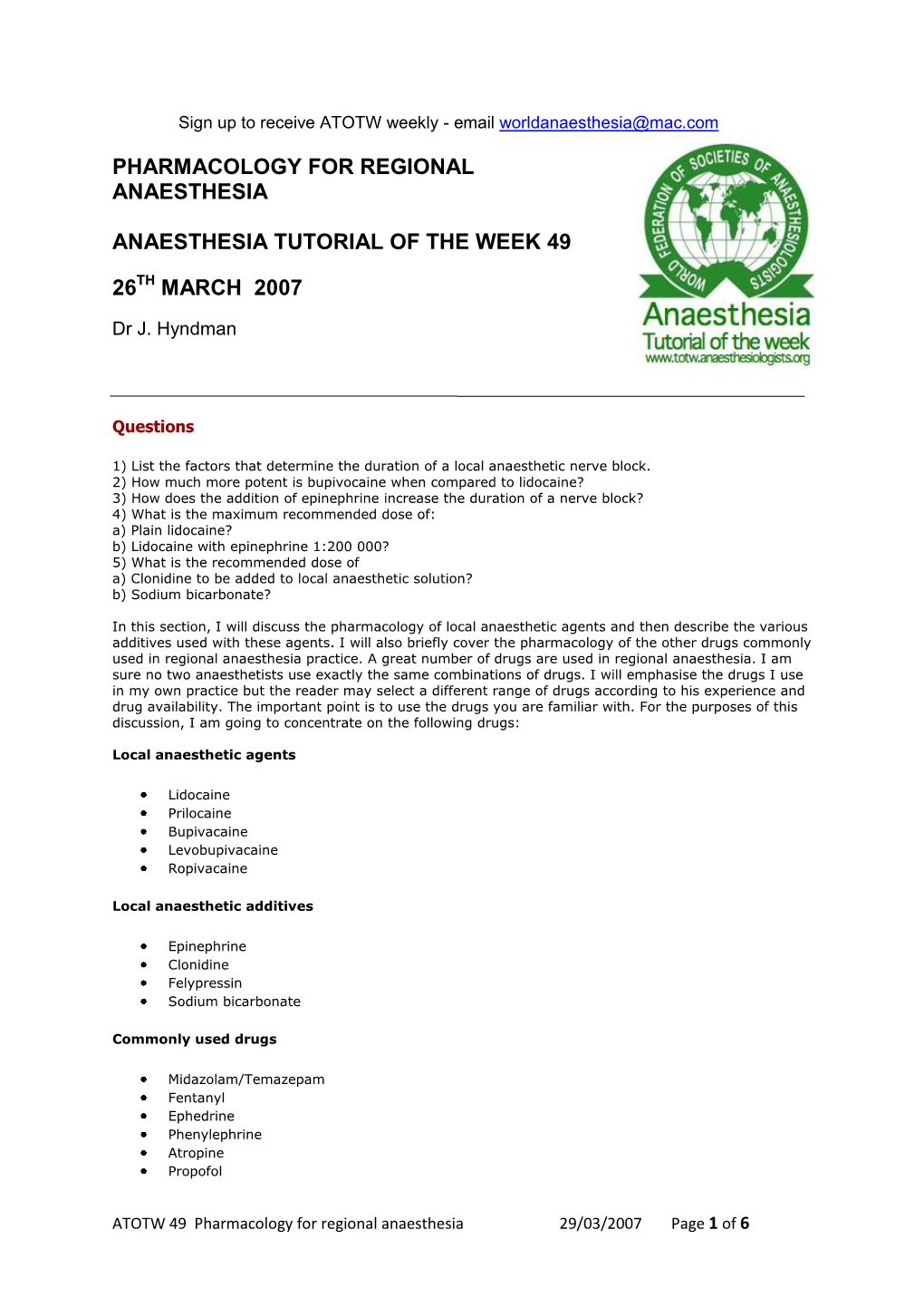 Pharmacology for Regional Anaesthesia