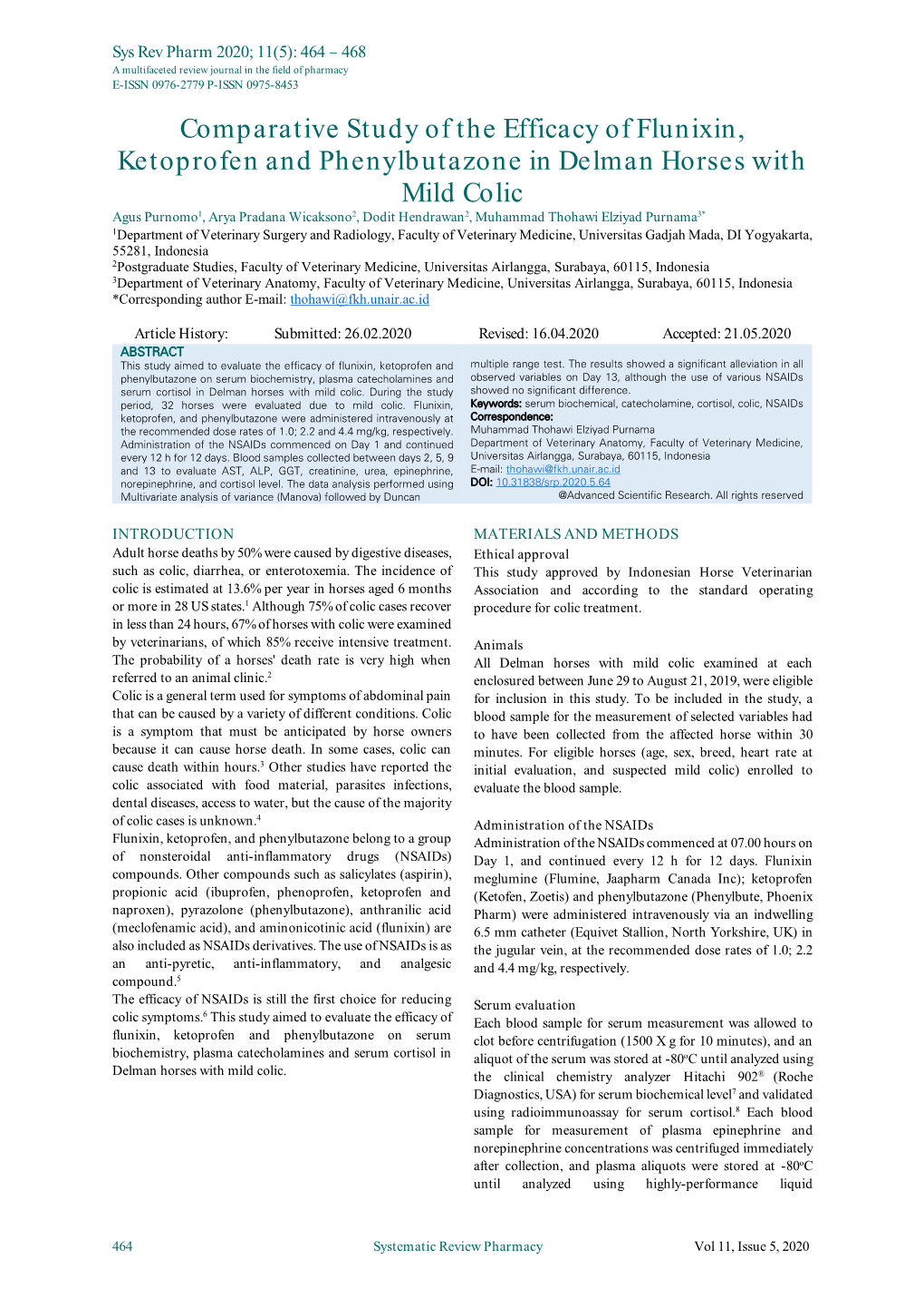 Comparative Study of the Efficacy of Flunixin, Ketoprofen and Phenylbutazone in Delman Horses with Mild Colic