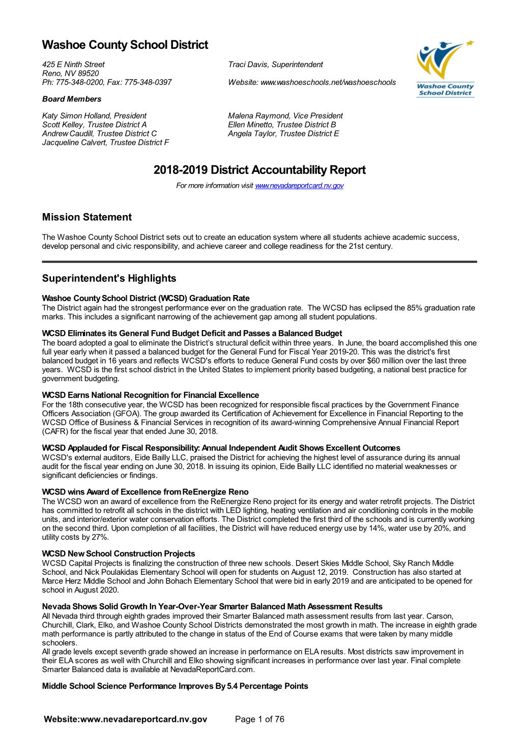 2018-2019 District Accountability Report Washoe County School District