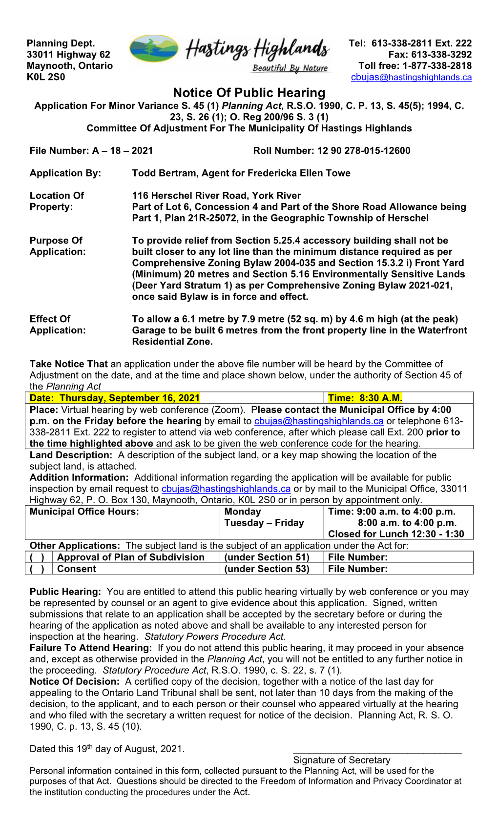 Notice of Public Hearing Application for Minor Variance S