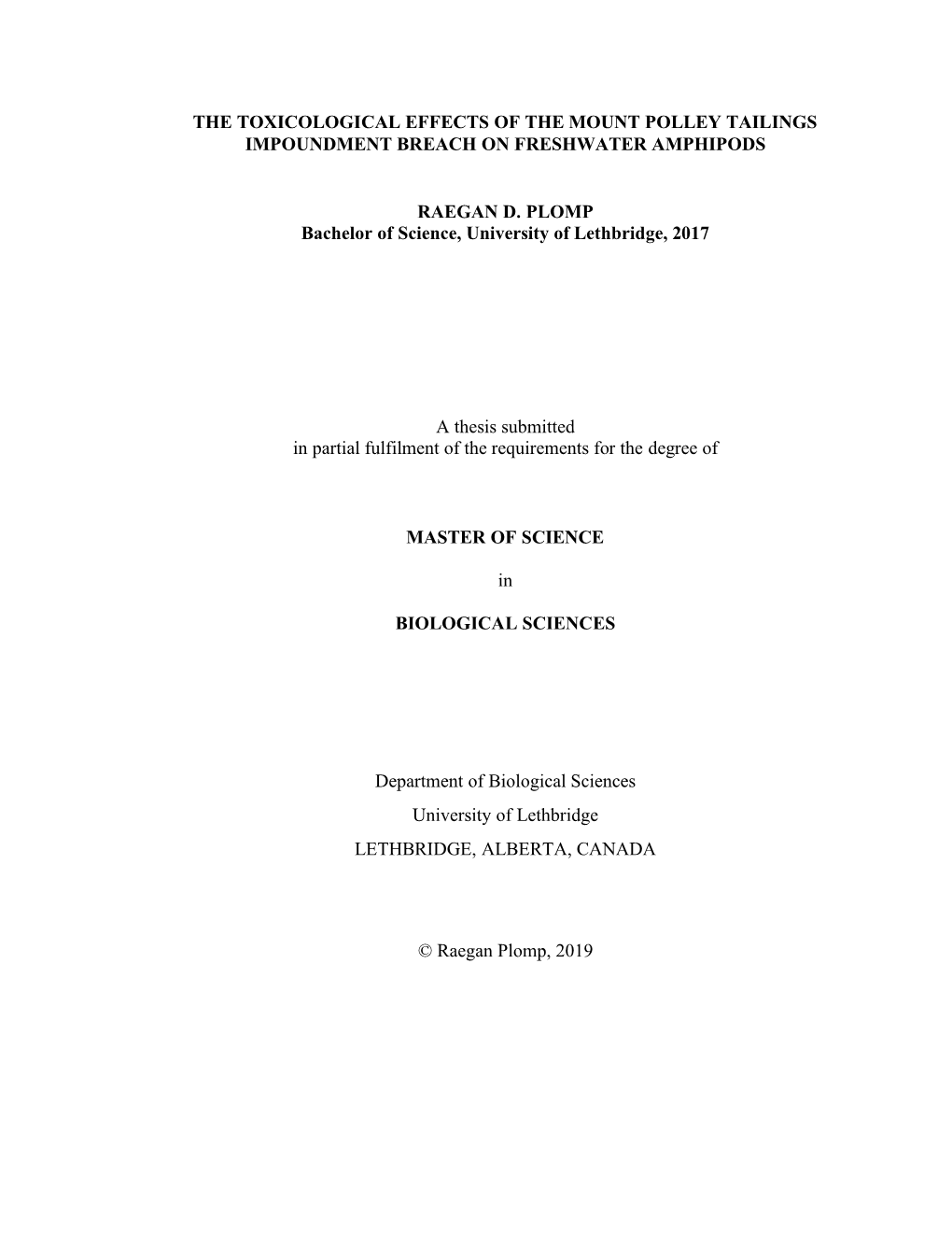 The Toxicological Effects of the Mount Polley Tailings Impoundment Breach on Freshwater Amphipods