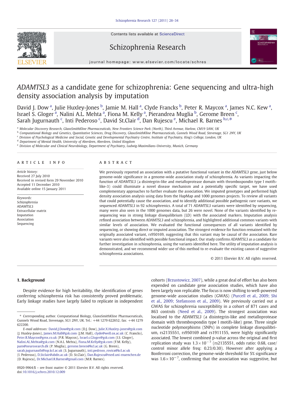 ADAMTSL3 As a Candidate Gene for Schizophrenia: Gene Sequencing and Ultra-High Density Association Analysis by Imputation