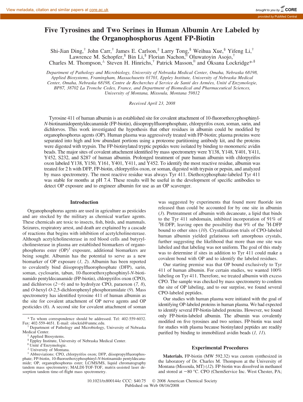 Five Tyrosines and Two Serines in Human Albumin Are Labeled by the Organophosphorus Agent FP-Biotin