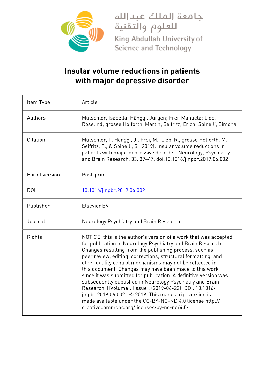 Insular Volume Reductions in Patients with Major Depressive Disorder