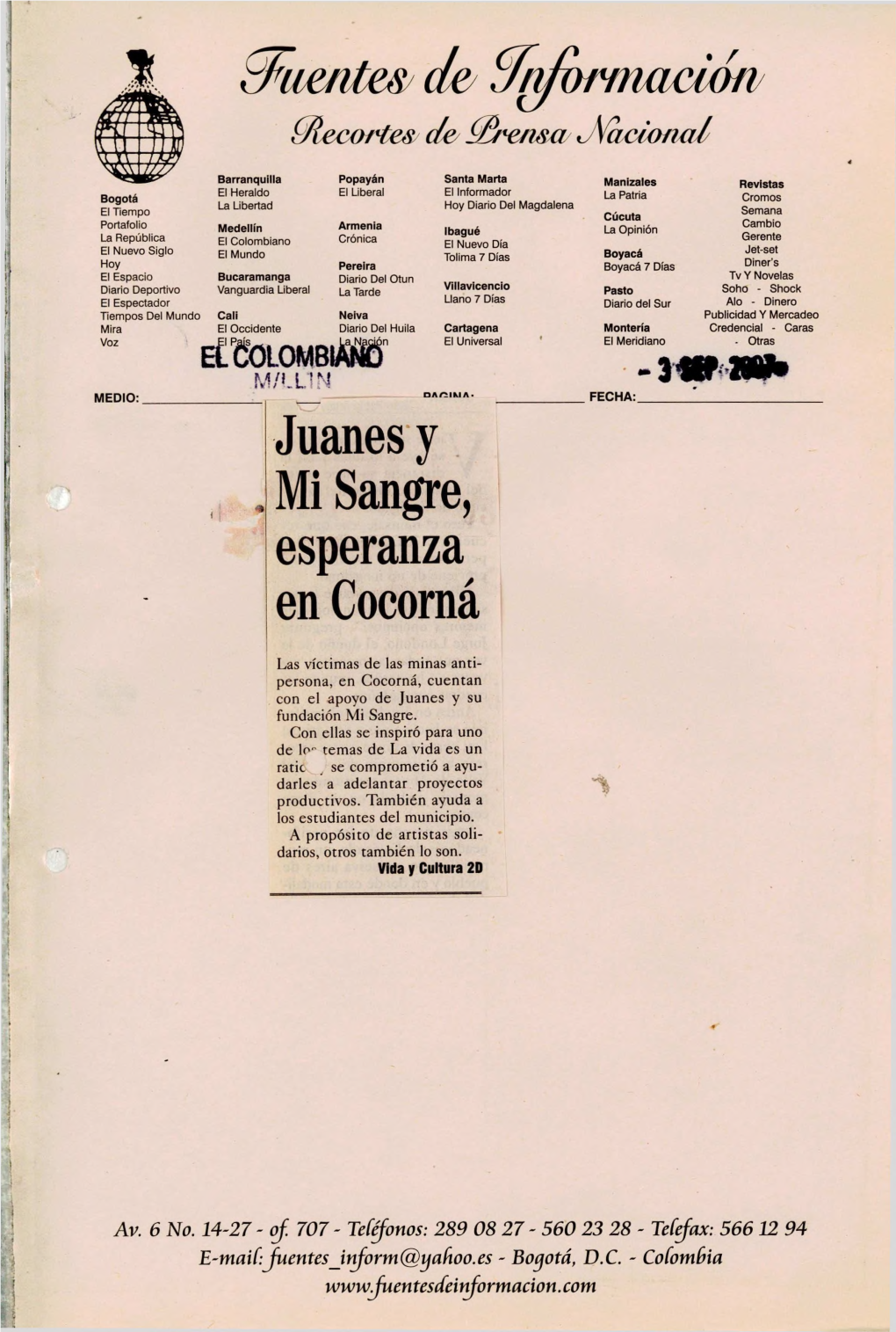 Juanes Y Mi San¿'E, Esperanza En Cocomá