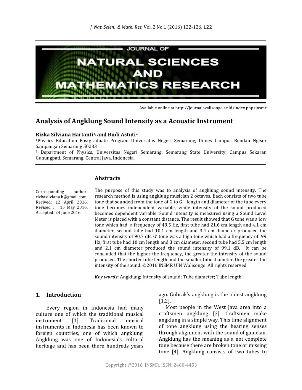 Analysis of Angklung Sound Intensity As a Acoustic Instrument