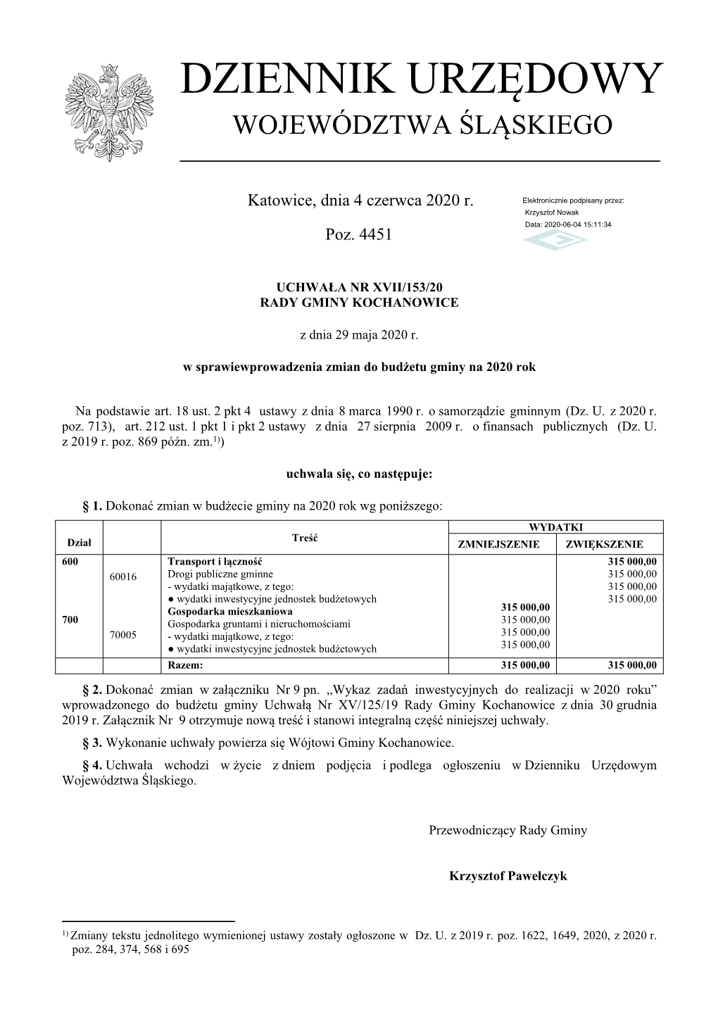 Uchwala Nr XVII/153/20 Z Dnia 29 Maja 2020 R