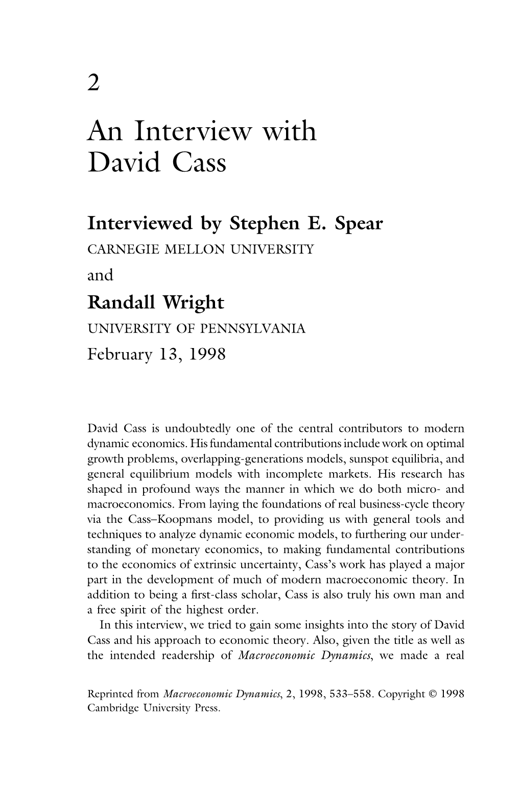 An Interview with David Cass