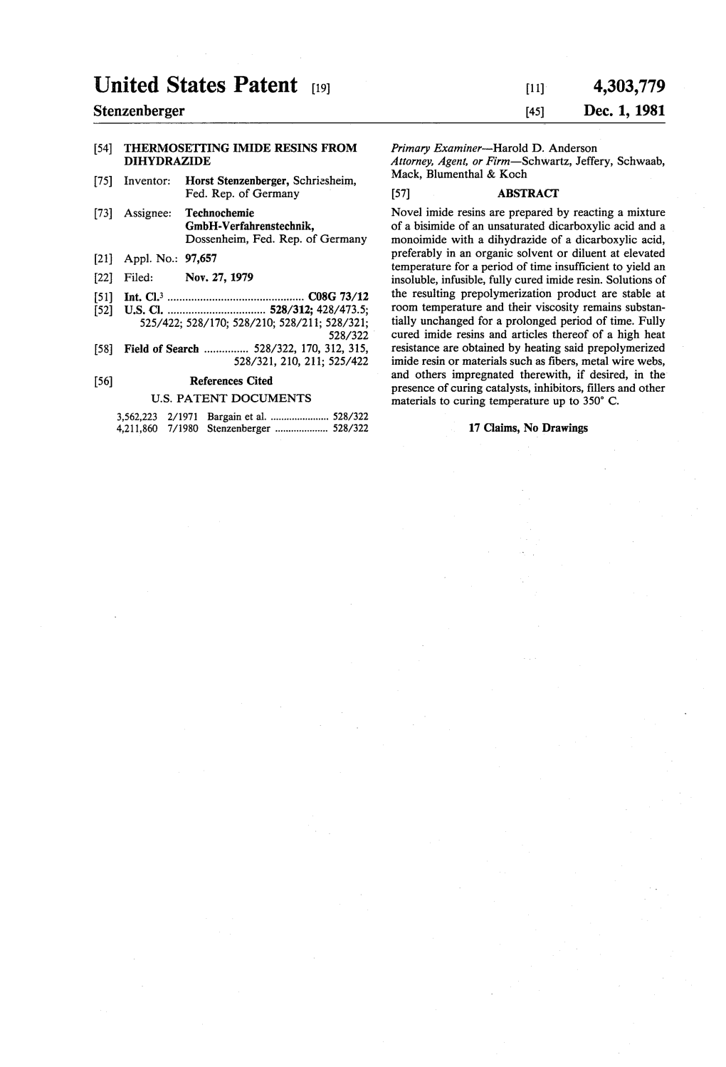 Umted States Patent [19] [111 4,303,779 Stenzenberger [45] Dec