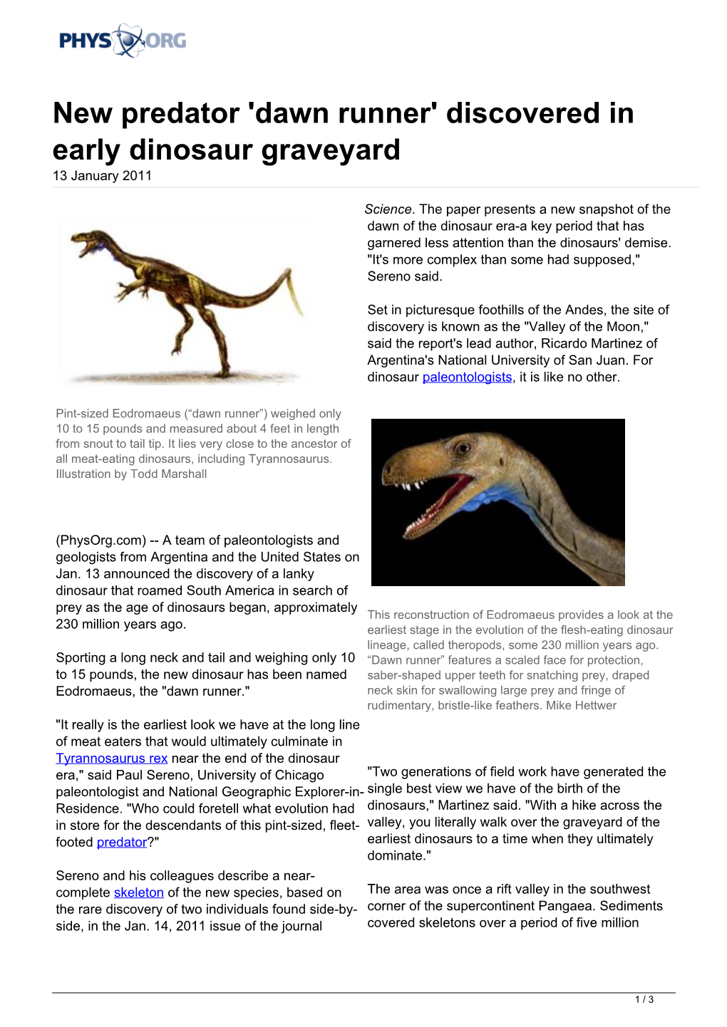 Discovered in Early Dinosaur Graveyard 13 January 2011