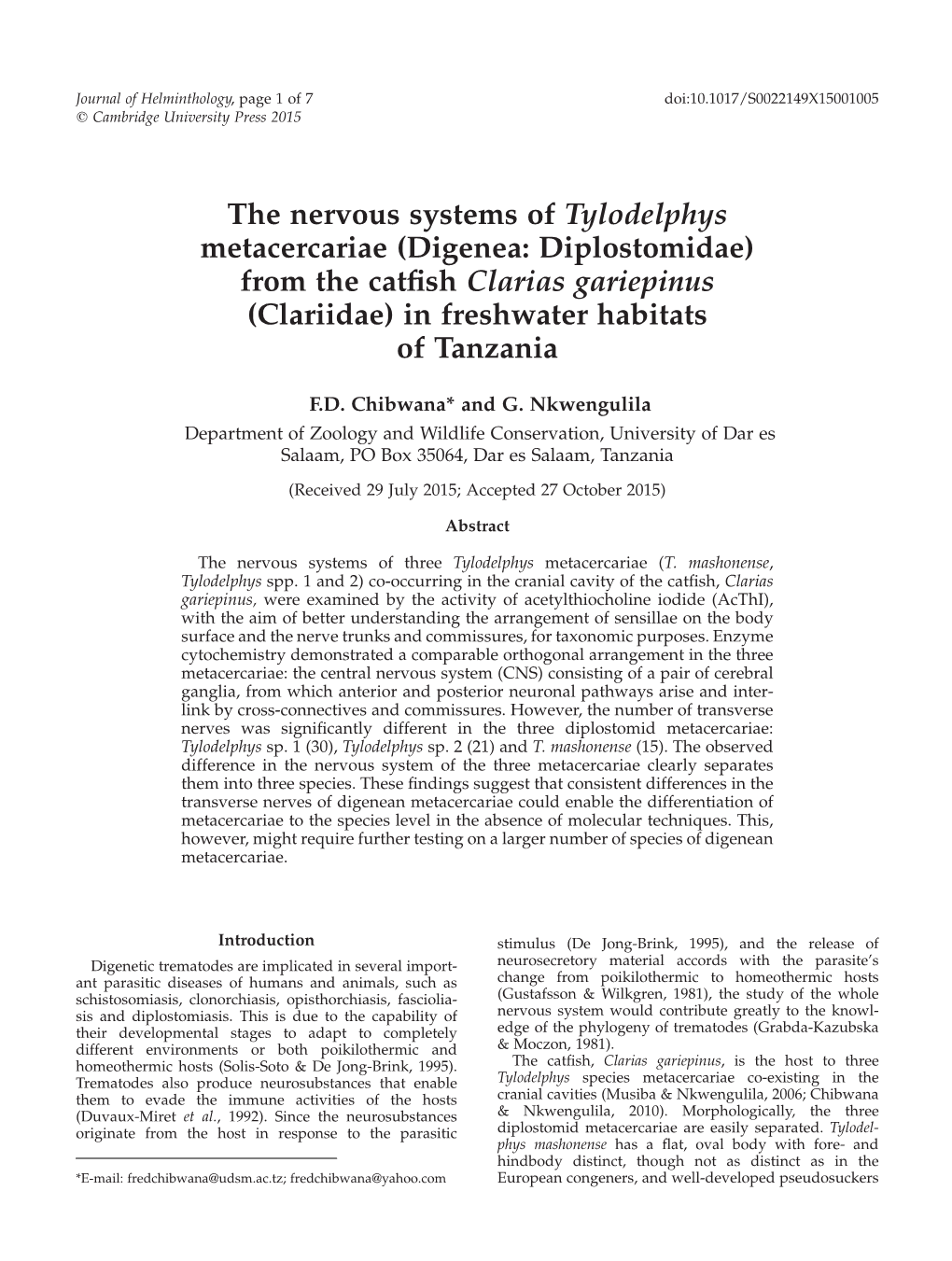 (Digenea: Diplostomidae) from the Catﬁsh Clarias Gariepinus (Clariidae) in Freshwater Habitats of Tanzania