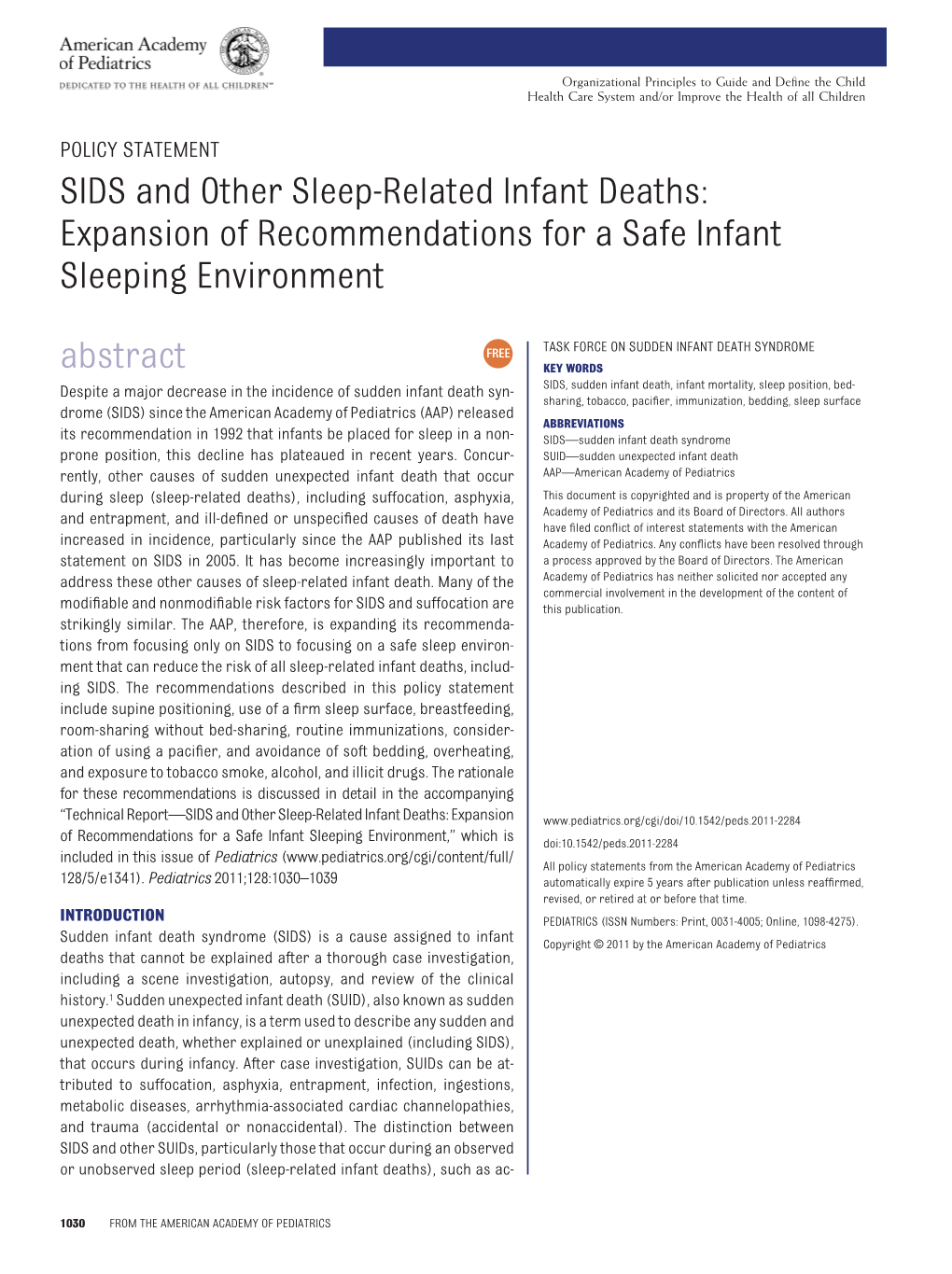 SIDS and Other Sleep-Related Infant Deaths: Expansion of Recommendations for a Safe Infant Sleeping Environment