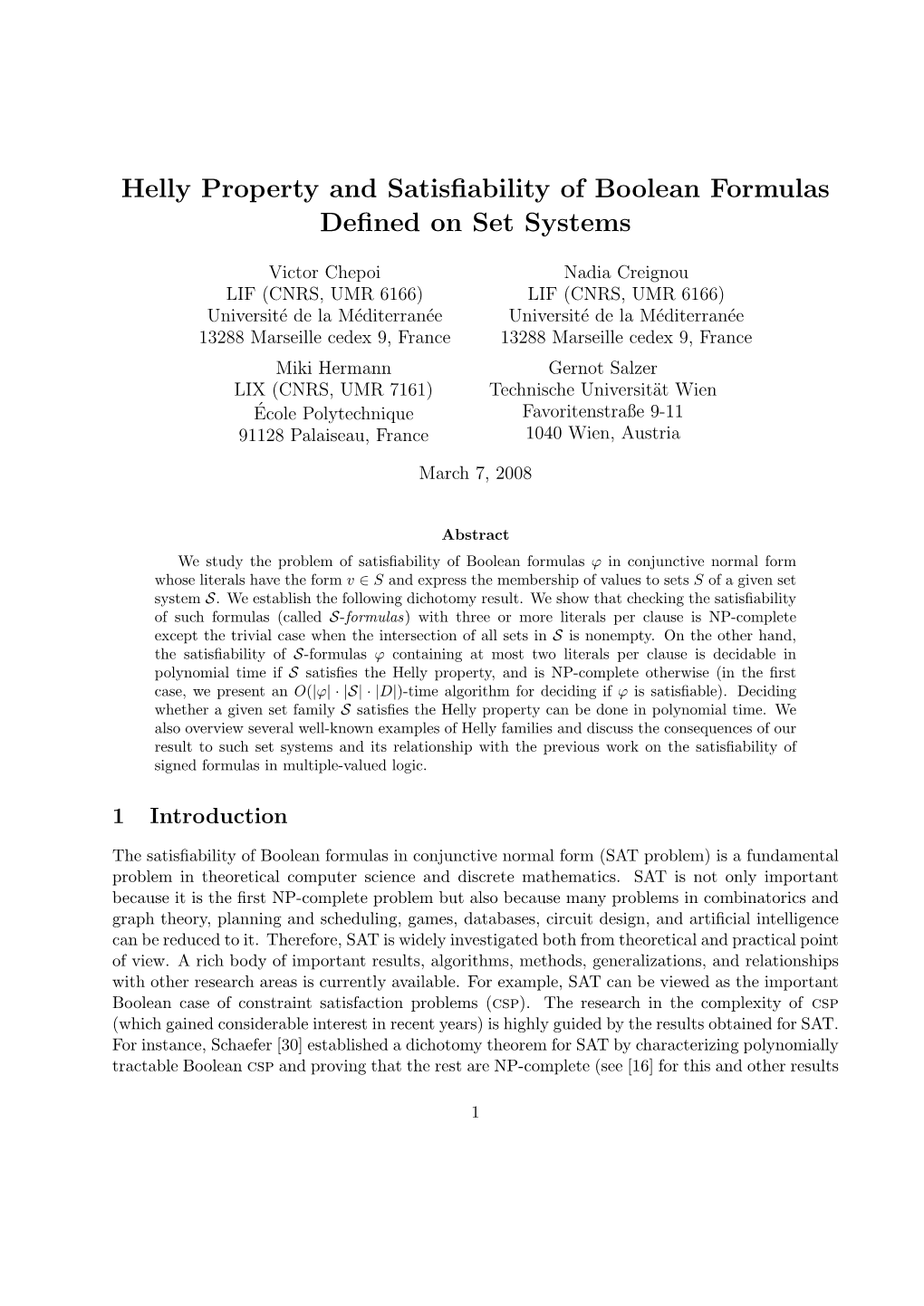 Helly Property and Satisfiability of Boolean Formulas Defined on Set