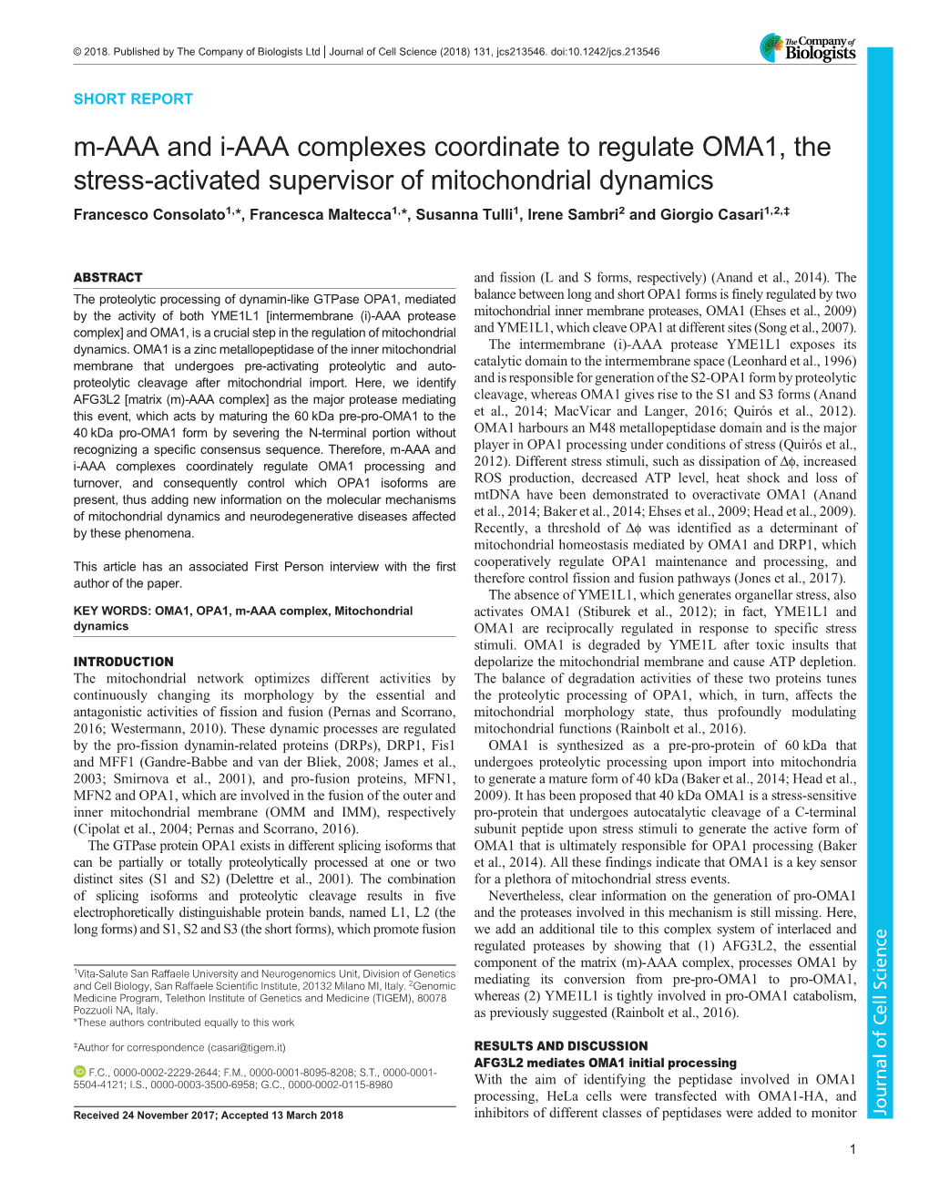 M-AAA and I-AAA Complexes Coordinate to Regulate OMA1, The