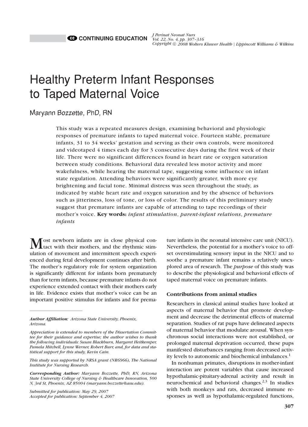 Healthy Preterm Infant Responses to Taped Maternal Voice