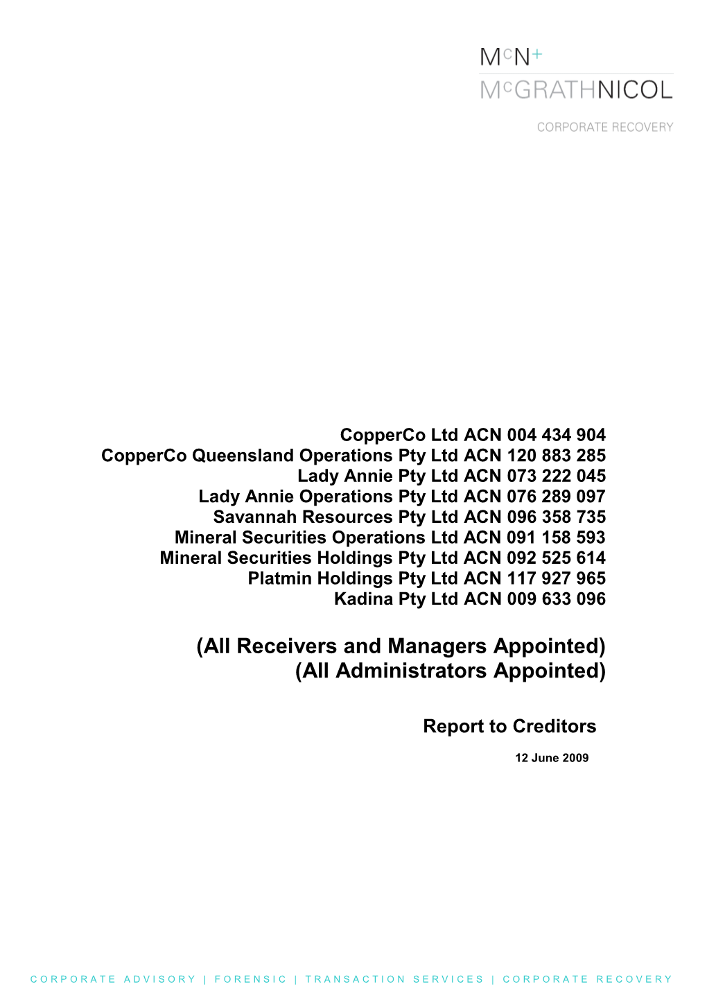 Copperco Report to Creditors 12 June 2009