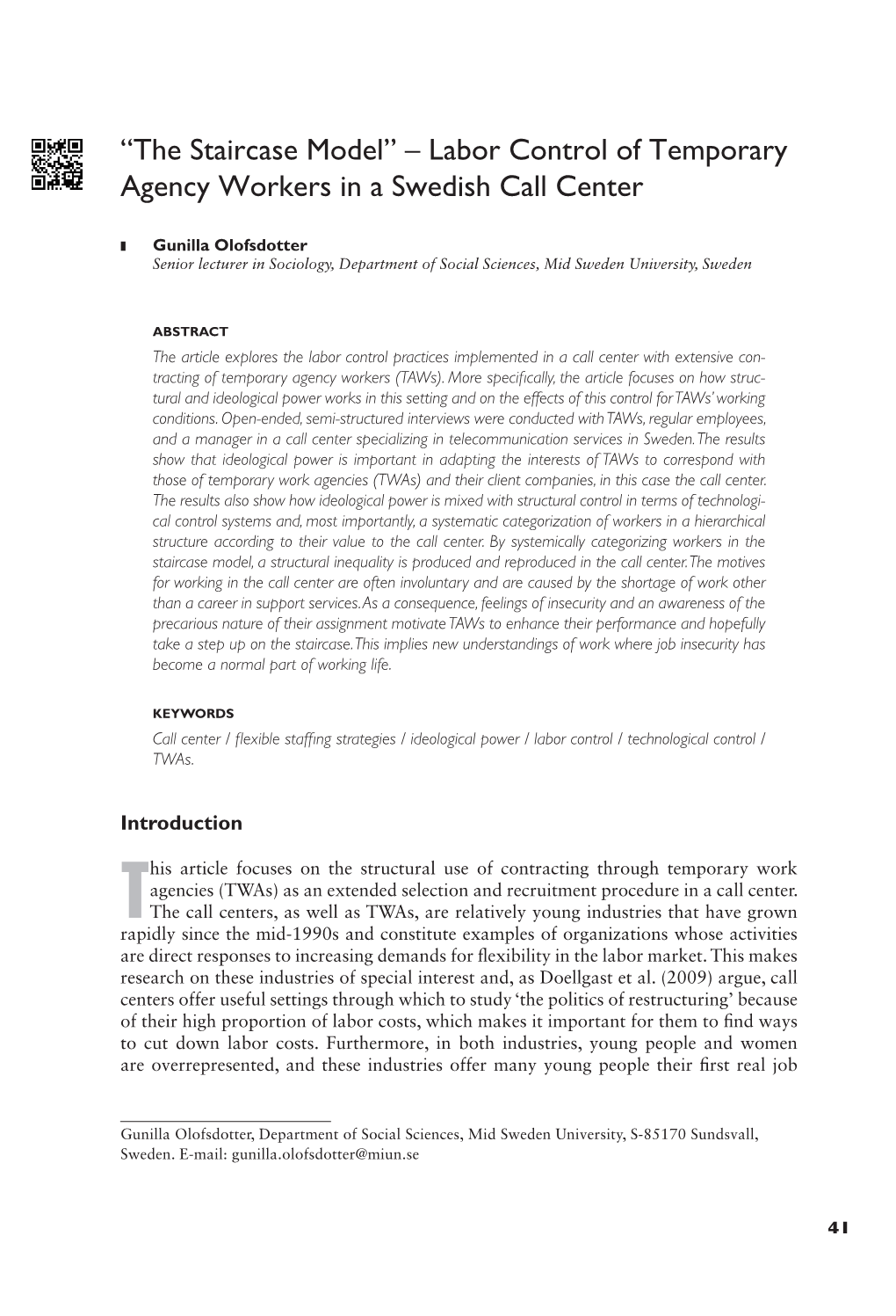 The Staircase Model” – Labor Control of Temporary Agency Workers in a Swedish Call Center