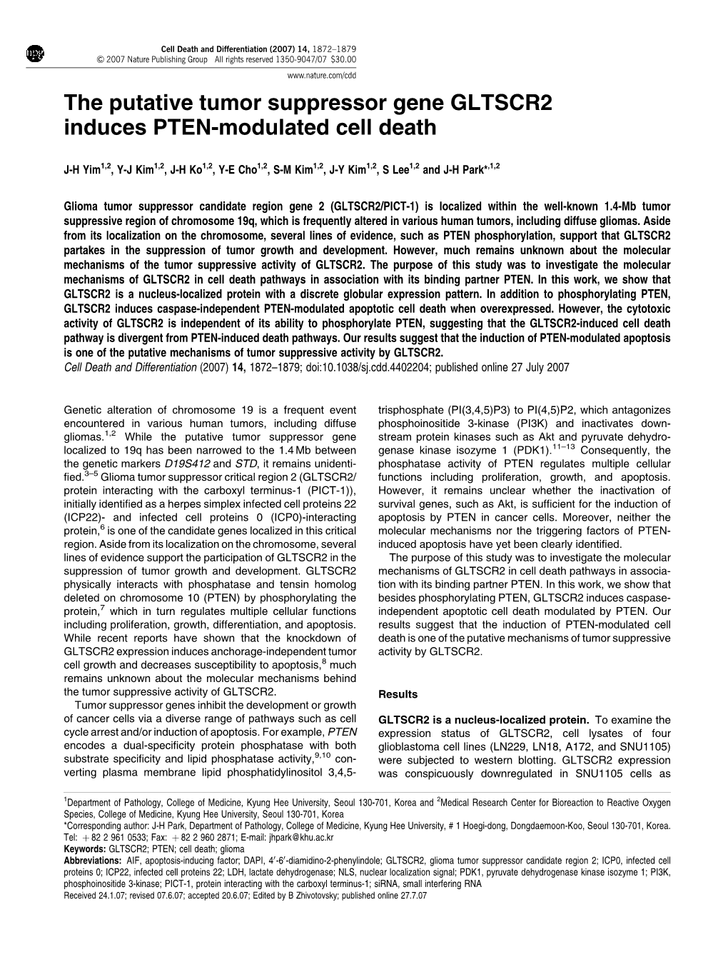 The Putative Tumor Suppressor Gene GLTSCR2 Induces PTEN-Modulated Cell Death