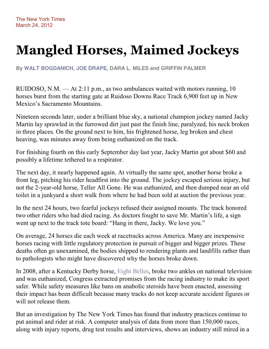 Mangled Horses, Maimed Jockeys