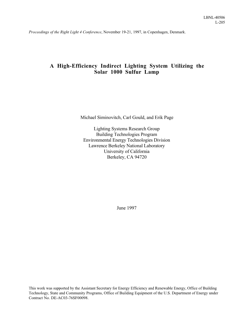 A High-Efficiency Indirect Lighting System Utilizing the Solar 1000 Sulfur Lamp