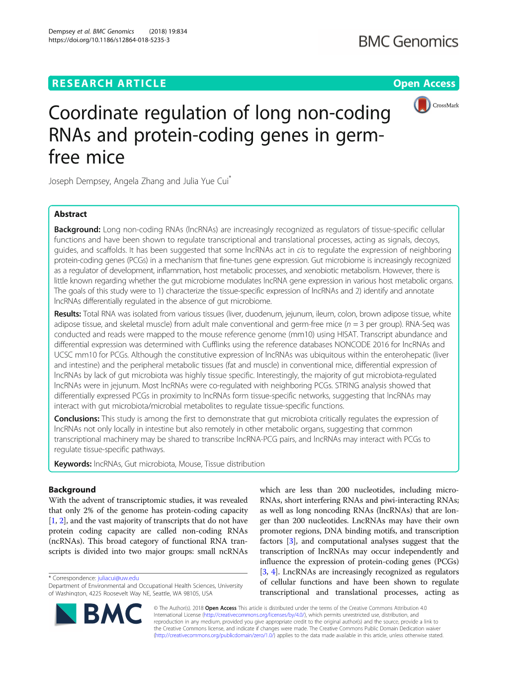 Coordinate Regulation of Long Non-Coding Rnas and Protein-Coding Genes in Germ- Free Mice Joseph Dempsey, Angela Zhang and Julia Yue Cui*