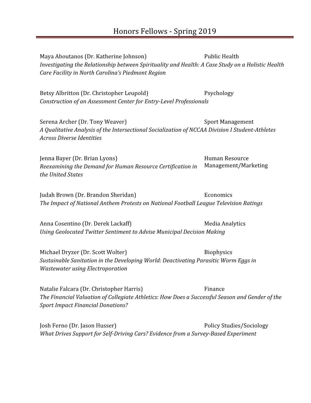 Honors Fellows - Spring 2019