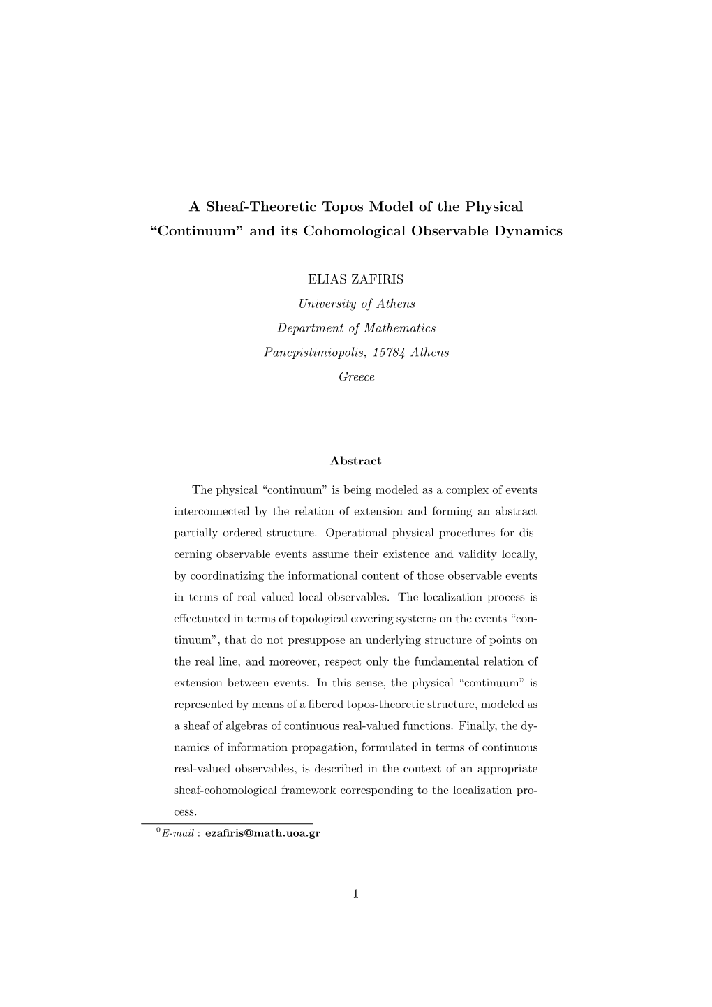 A Sheaf-Theoretic Topos Model of the Physical “Continuum” and Its Cohomological Observable Dynamics