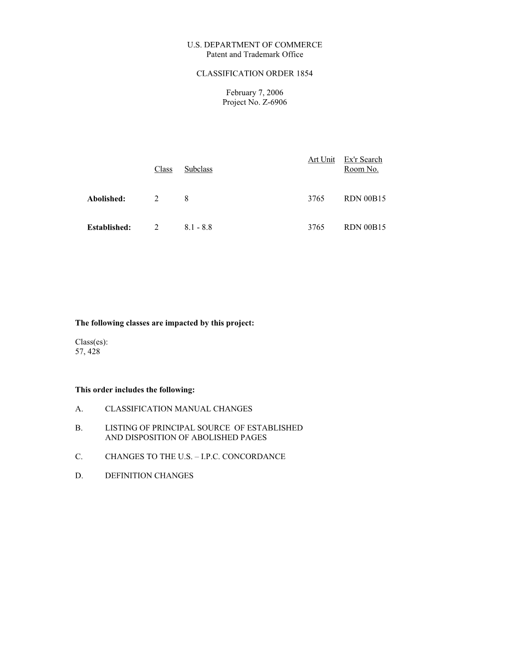 Classification Order 1854