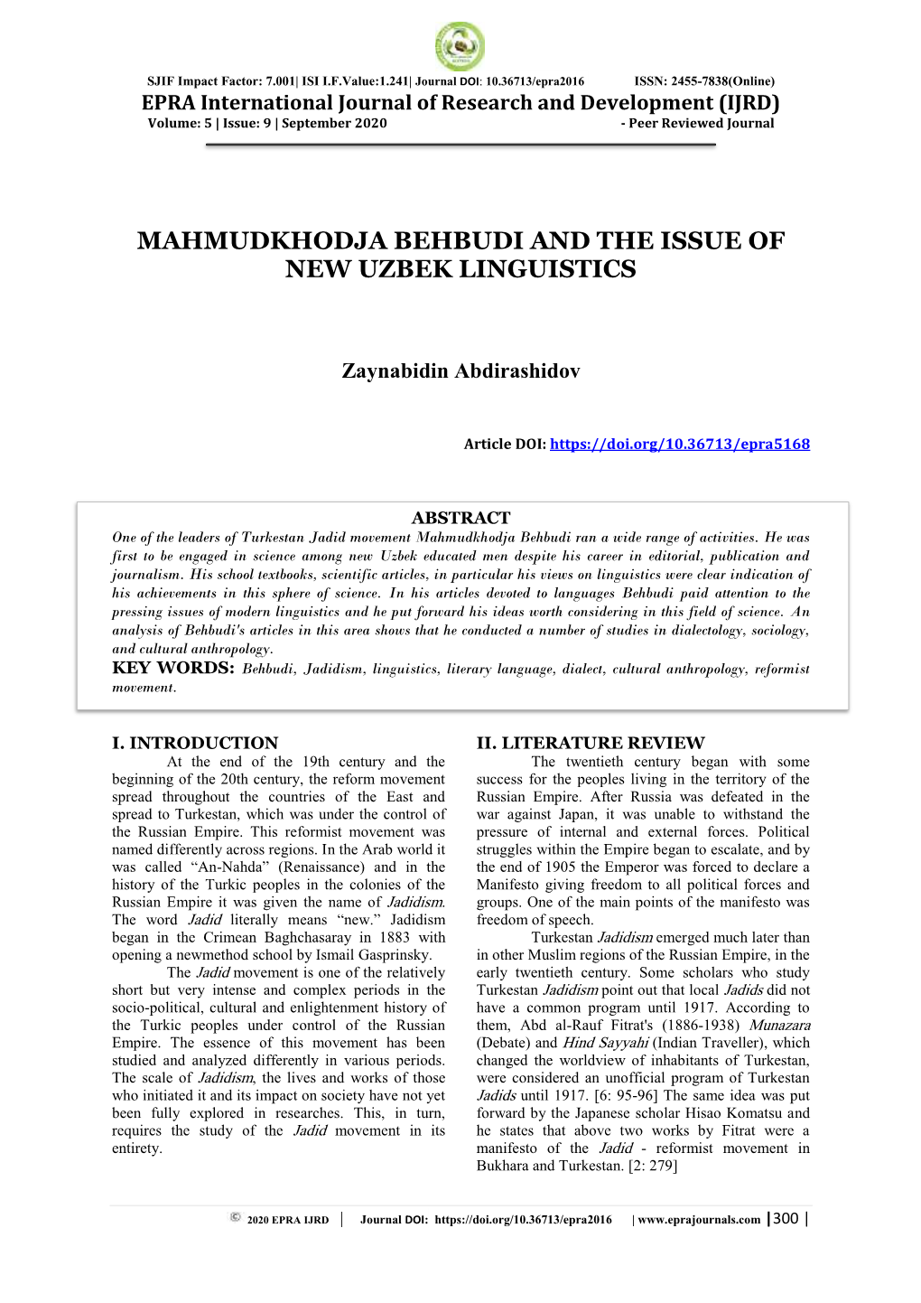 Mahmudkhodja Behbudi and the Issue of New Uzbek Linguistics