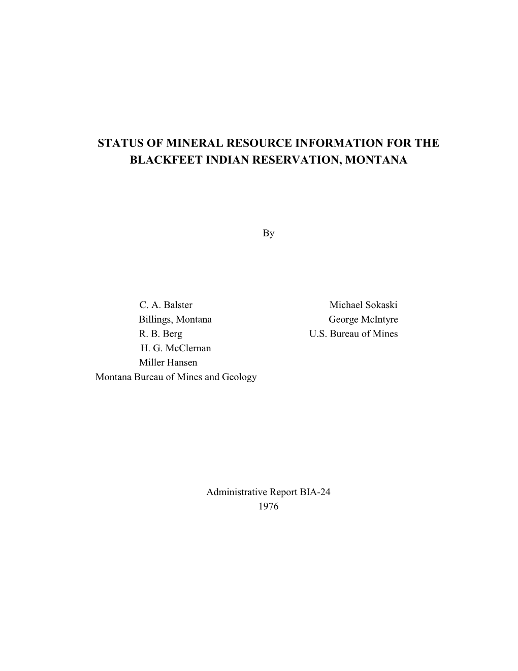 Status of Mineral Resource Information for the Blackfeet Indian Reservation, Montana