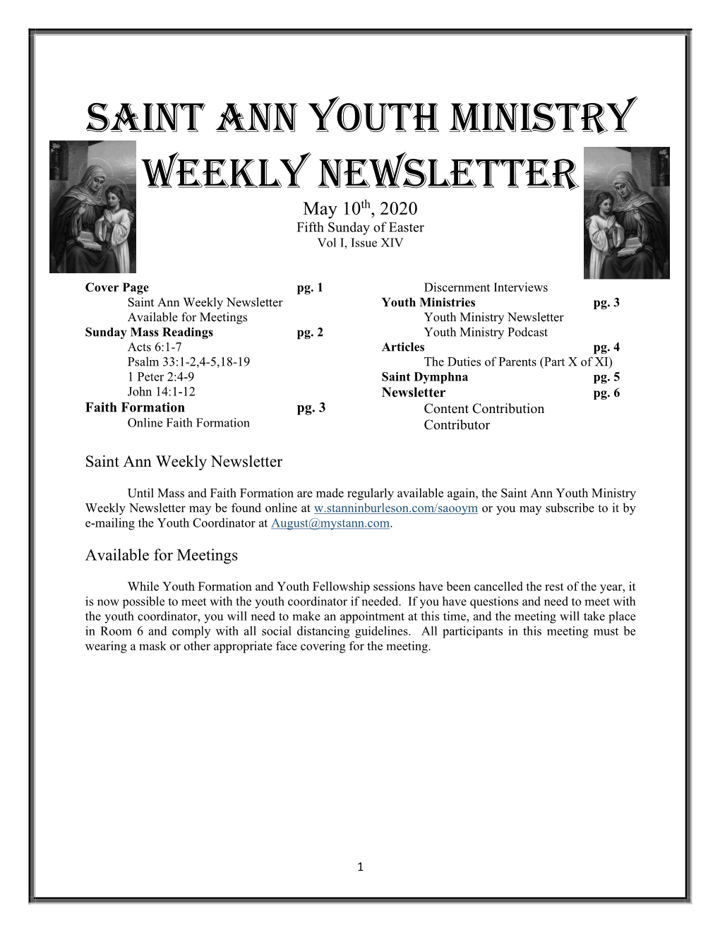 Saint Ann Youth Ministry Weekly Newsletter May 10Th, 2020 Fifth Sunday of Easter Vol I, Issue XIV
