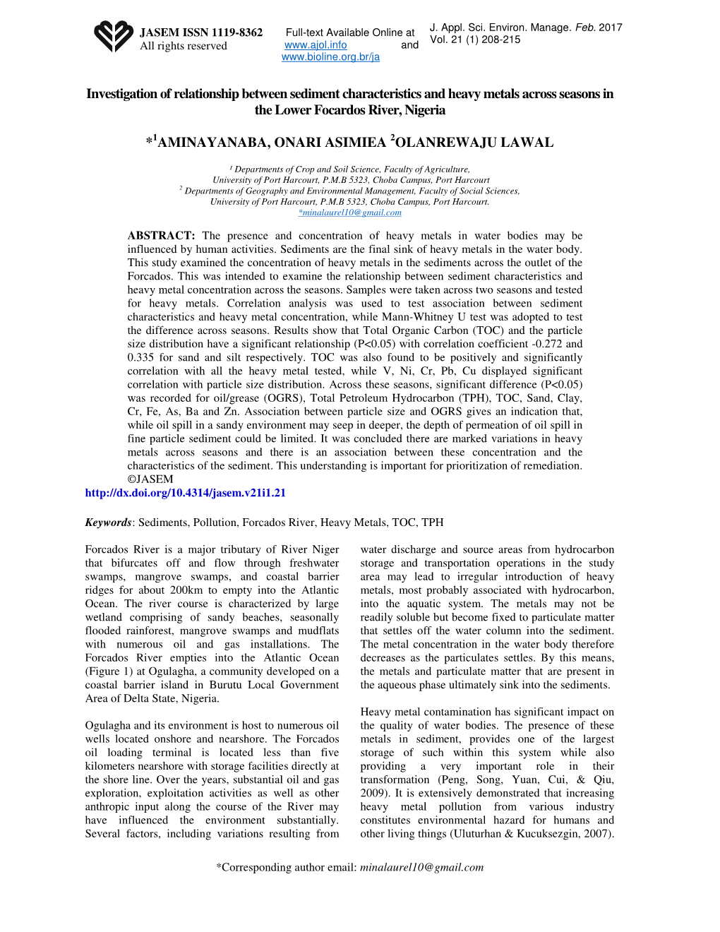 Investigation of Relationship Between Sediment Characteristics and Heavy Metals Across Seasons in the Lower Focardos River, Nigeria