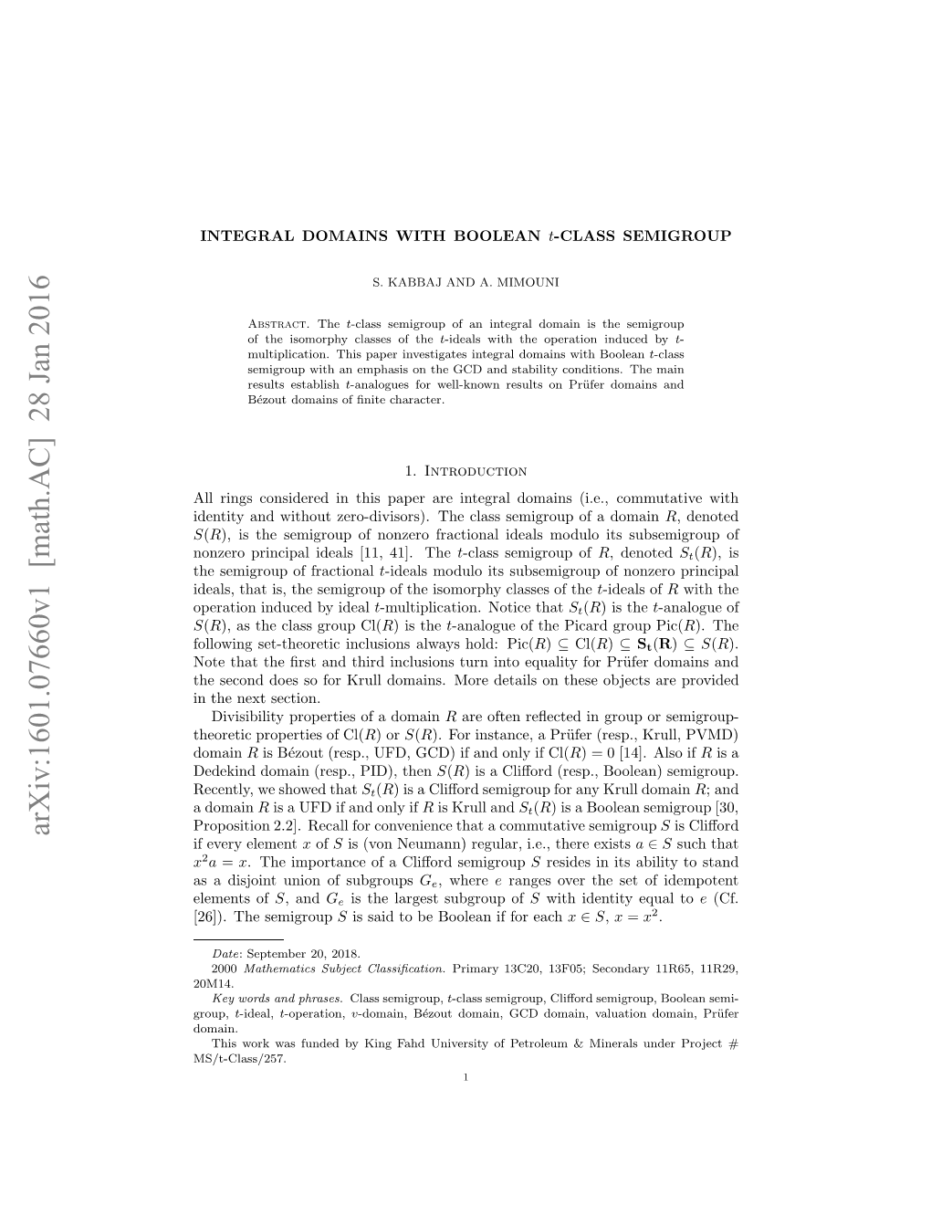 Arxiv:1601.07660V1 [Math.AC] 28 Jan 2016 2].Tesemigroup the [26])