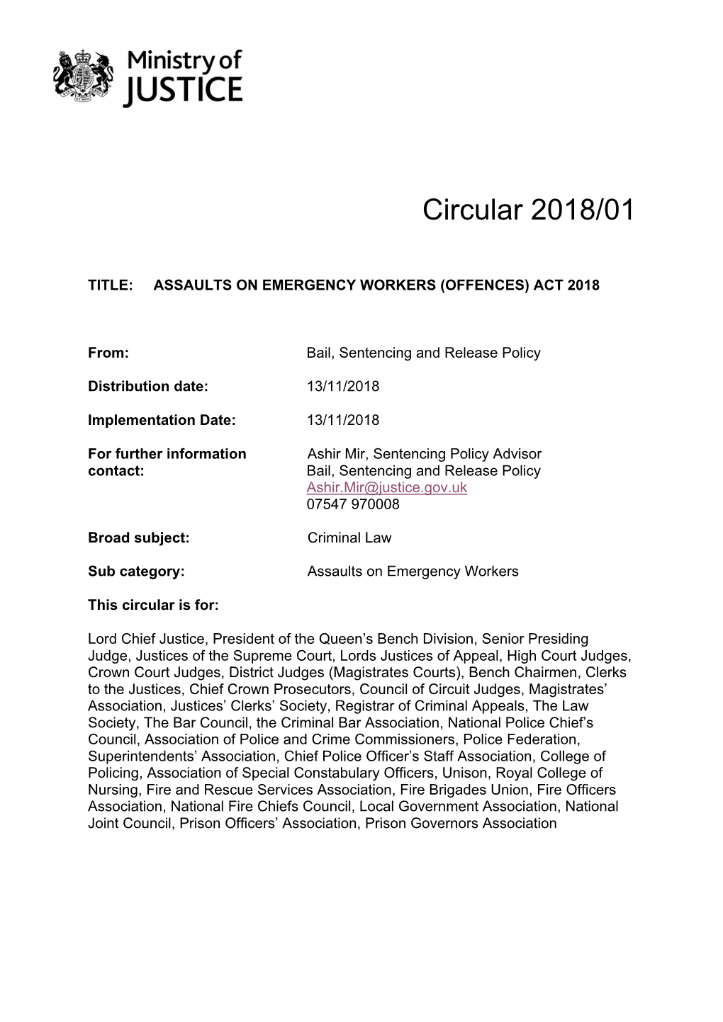 Circular 2018/01: Assaults on Emergency Workers (Offences) Act