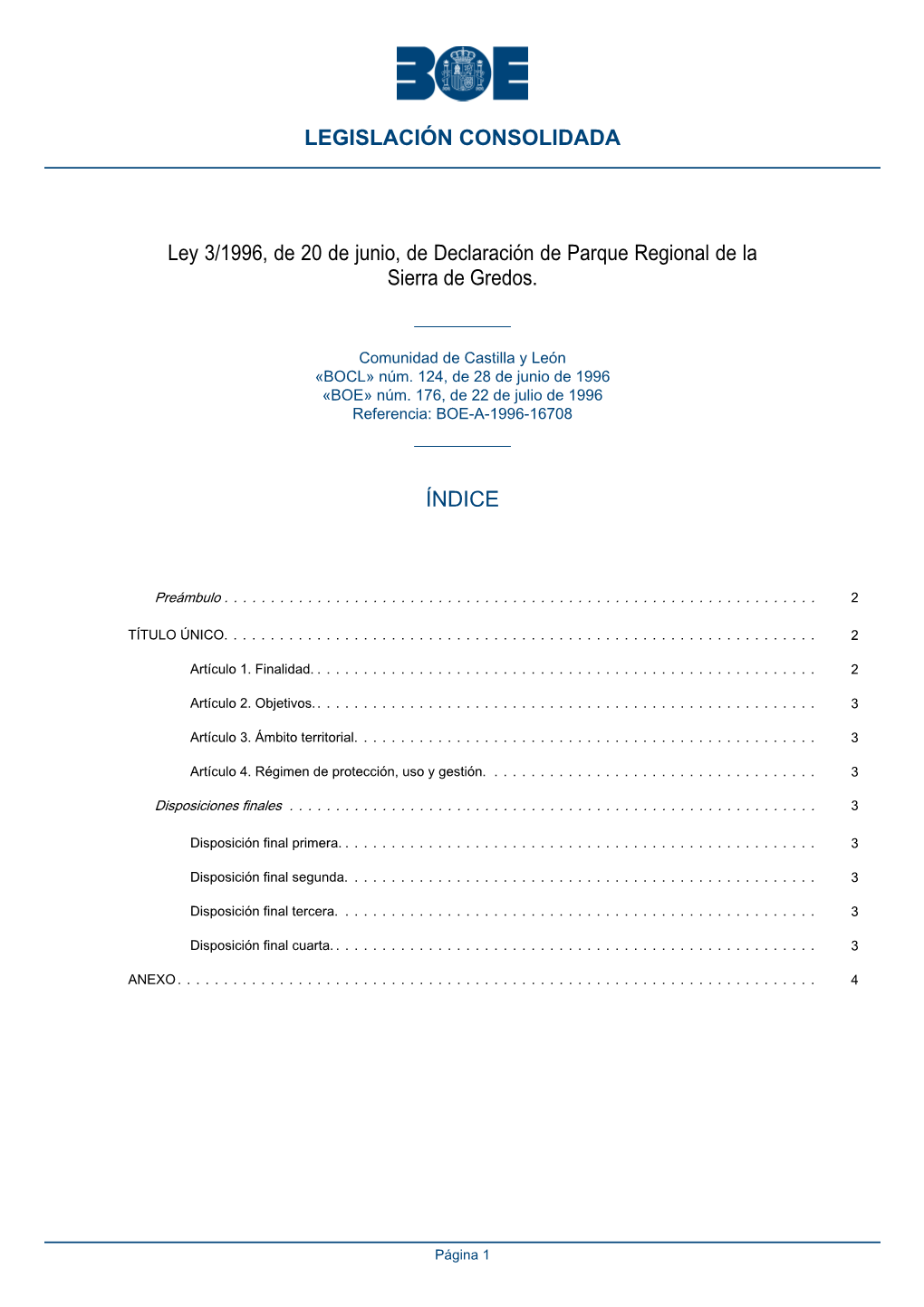 Ley 3/1996, De 20 De Junio, De Declaración De Parque Regional De La Sierra De Gredos