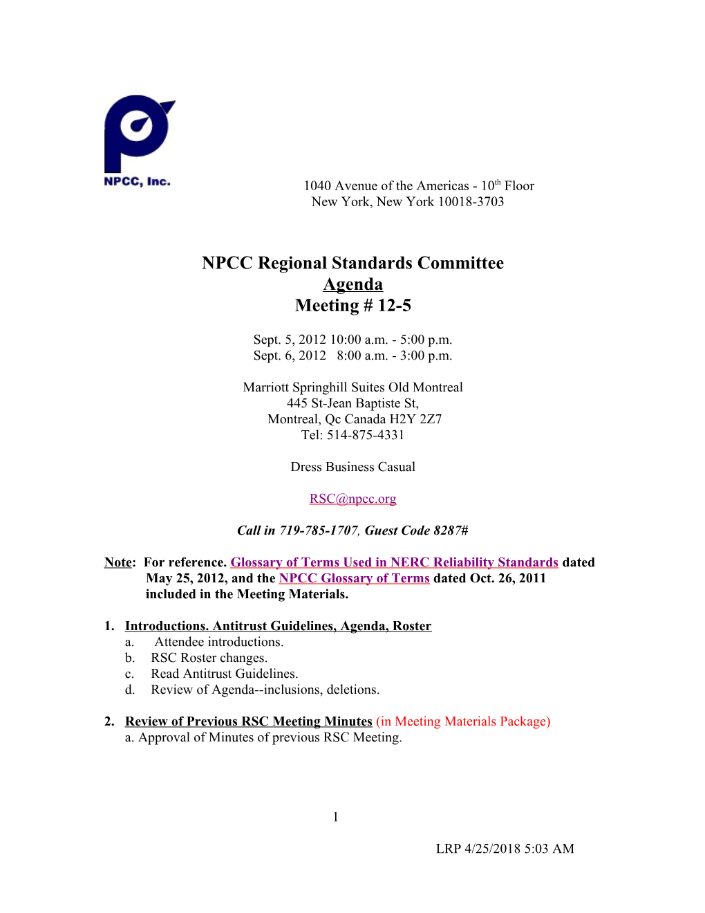 RSC 9-5-12 Meeting Preliminary Agenda As of 8-27-12