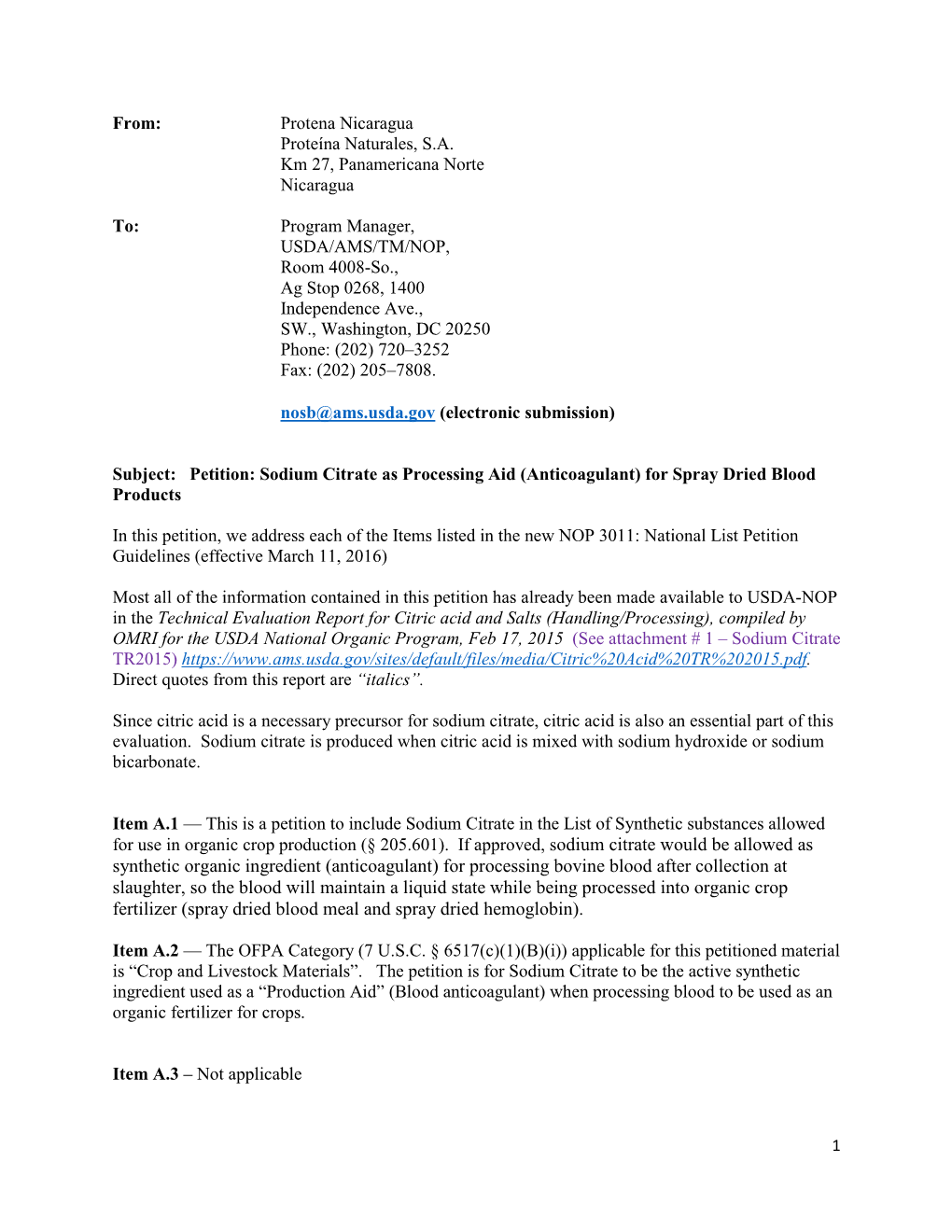 Sodium Citrate As Processing Aid (Anticoagulant) for Spray Dried Blood Products