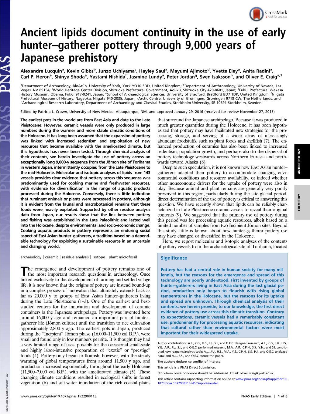 Ancient Lipids Document Continuity in the Use of Early Hunter–Gatherer Pottery Through 9,000 Years of Japanese Prehistory