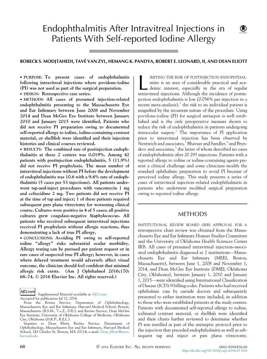 Endophthalmitis After Intravitreal Injections in Patients with Self-Reported Iodine Allergy