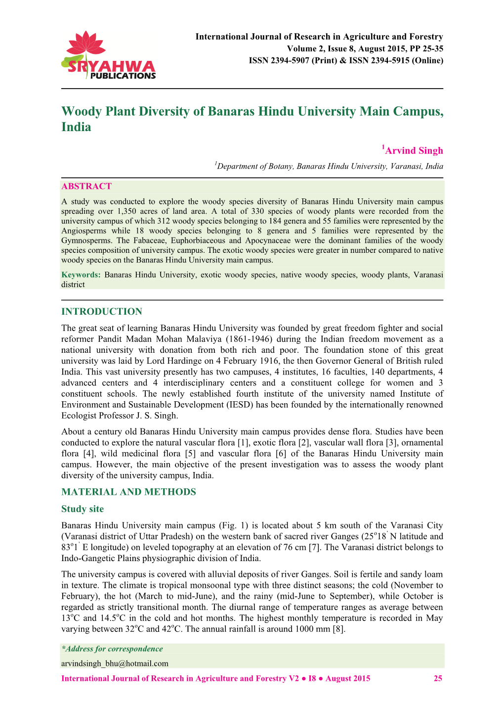 Woody Plant Diversity of Banaras Hindu University Main Campus, India