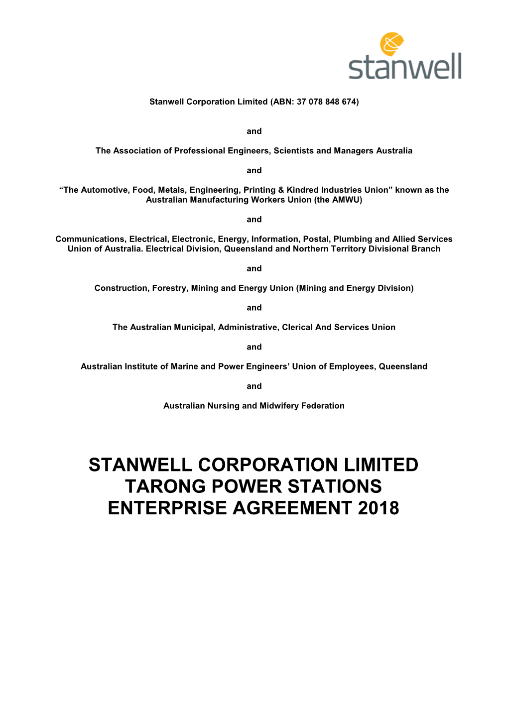 Tarong Power Stations Enterprise Agreement 2018