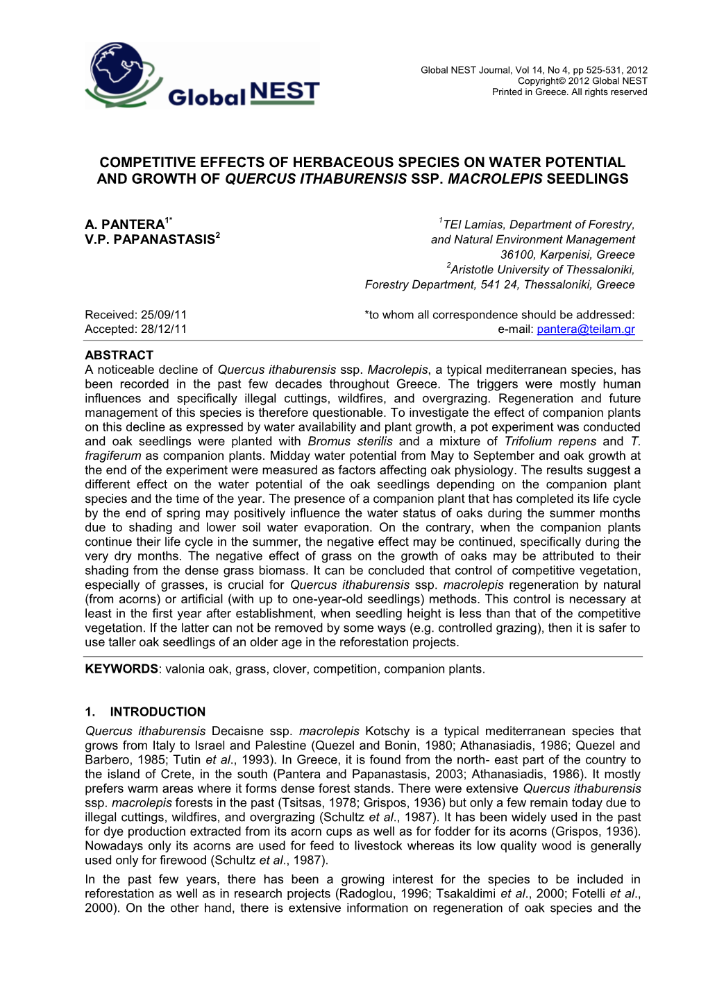 Competitive Effects of Herbaceous Species on Water Potential and Growth of Quercus Ithaburensis Ssp. Macrolepis Seedlings