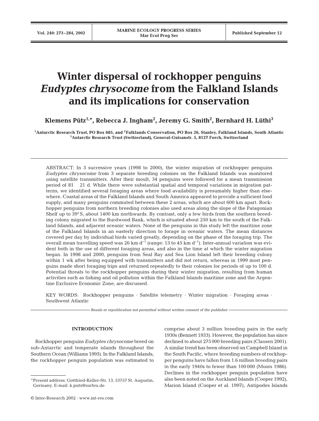 Winter Dispersal of Rockhopper Penguins Eudyptes Chrysocome from the Falkland Islands and Its Implications for Conservation
