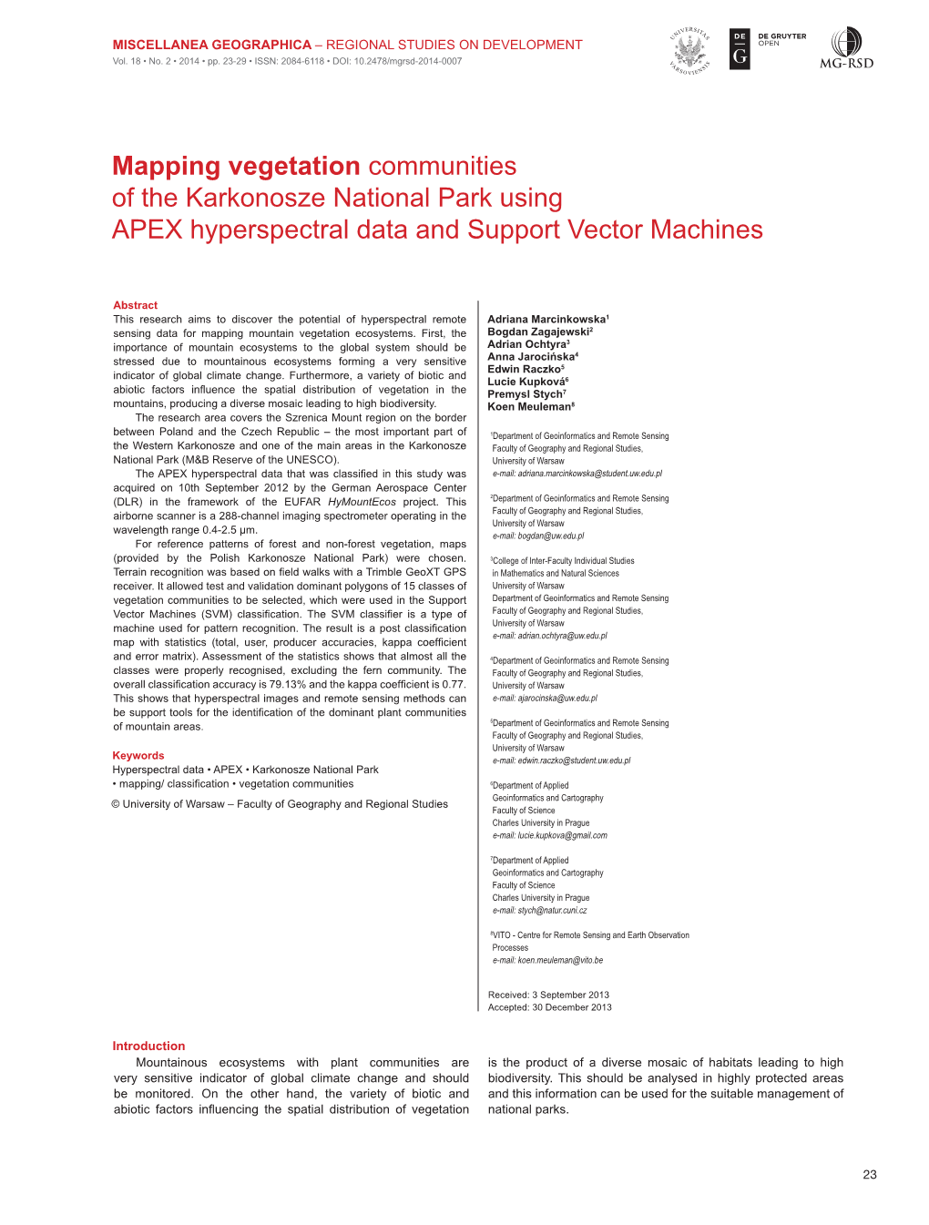 Mapping Vegetation Communities of the Karkonosze National Park Using APEX Hyperspectral Data and Support Vector Machines