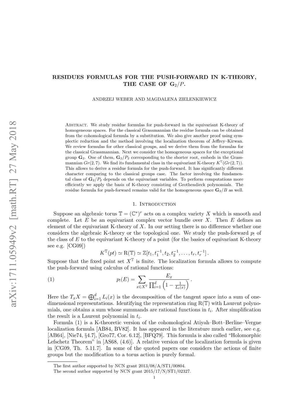 Arxiv:1711.05949V2 [Math.RT] 27 May 2018 Mials, One Obtains a Sum Whose Summands Are Rational Functions in Ti