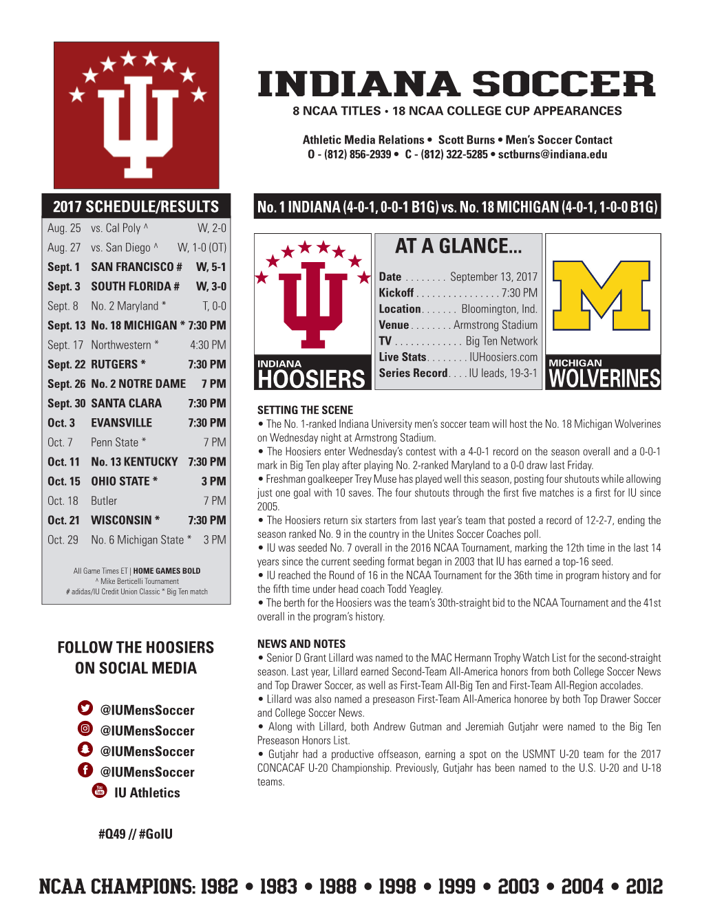 Indiana Soccer 8 Ncaa Titles • 18 Ncaa College Cup Appearances