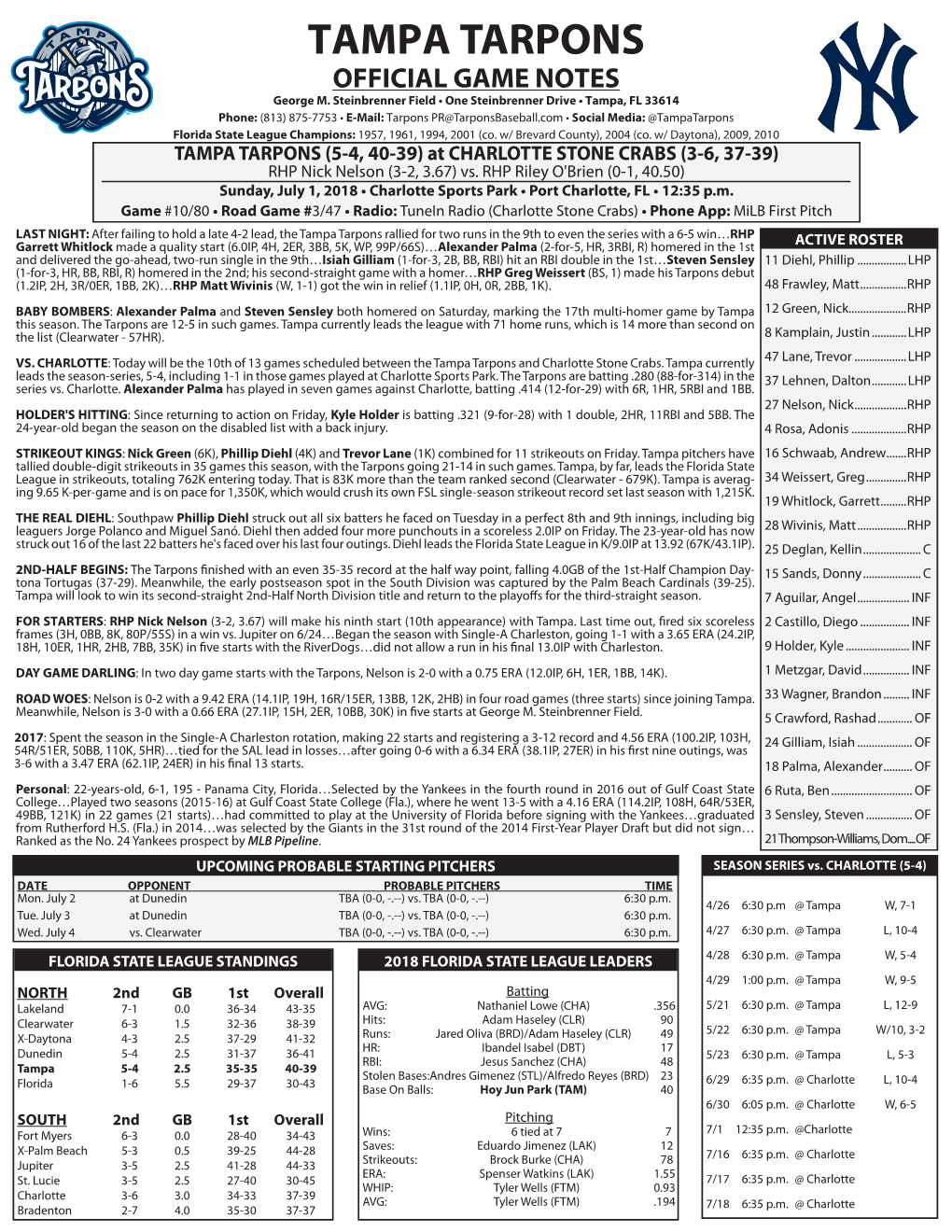 TAMPA TARPONS OFFICIAL GAME NOTES George M