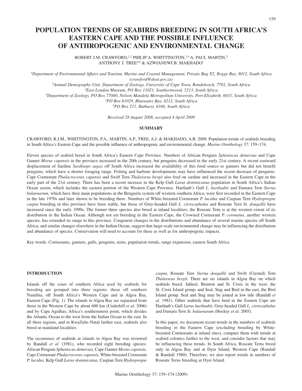 Population Trends of Seabirds Breeding in South Africa's Eastern Cape and the Possible Influence of Anthropogenic and Environ