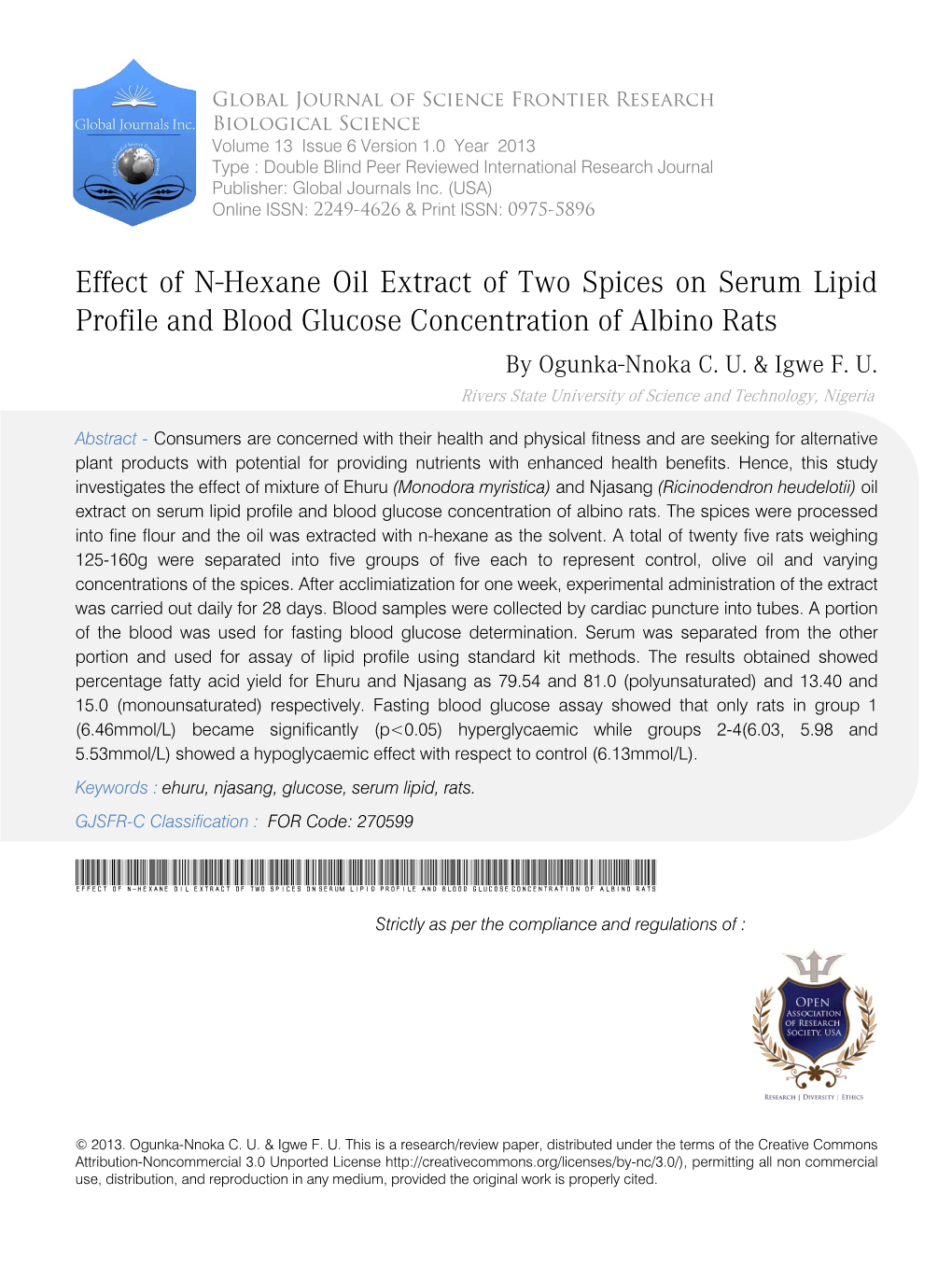 Effect of N-Hexane Oil Extract of Two Spices on Serum Lipid Profile and Blood Glucose Concentration of Albino Rats by Ogunka-Nnoka C
